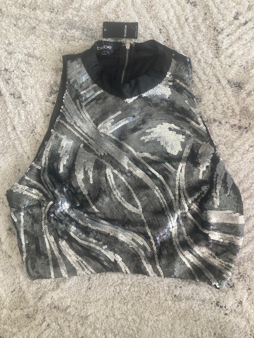 NWT Bebe black silver gray embellished sequins cropped mock neck top